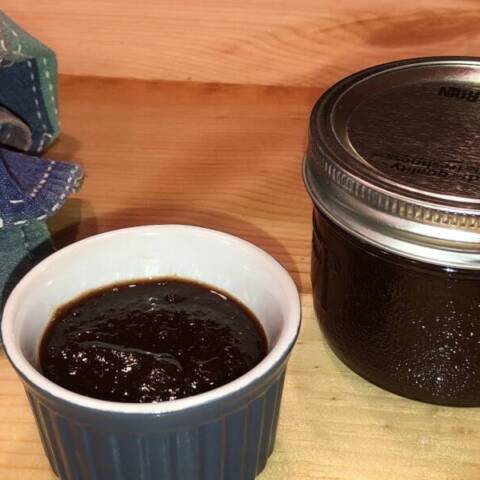 HP Sauce in a mason jar and a dish ready for brushing on meat.